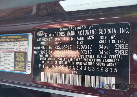 2018 Kia Sorento 2.4L Lx z USA, uszkodzony, nr VIN 5XYPGDA34JG349815